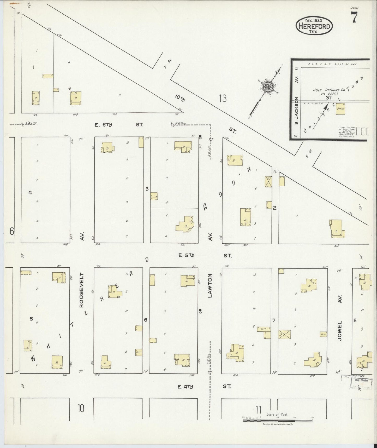 Sanborn Fire Insurance Map from Hereford, Deaf Smith County, Texas (1920), Sheet #0007 - Complete Map Set gallery image, historic Sanborn map, vintage wall art, Texas Texas