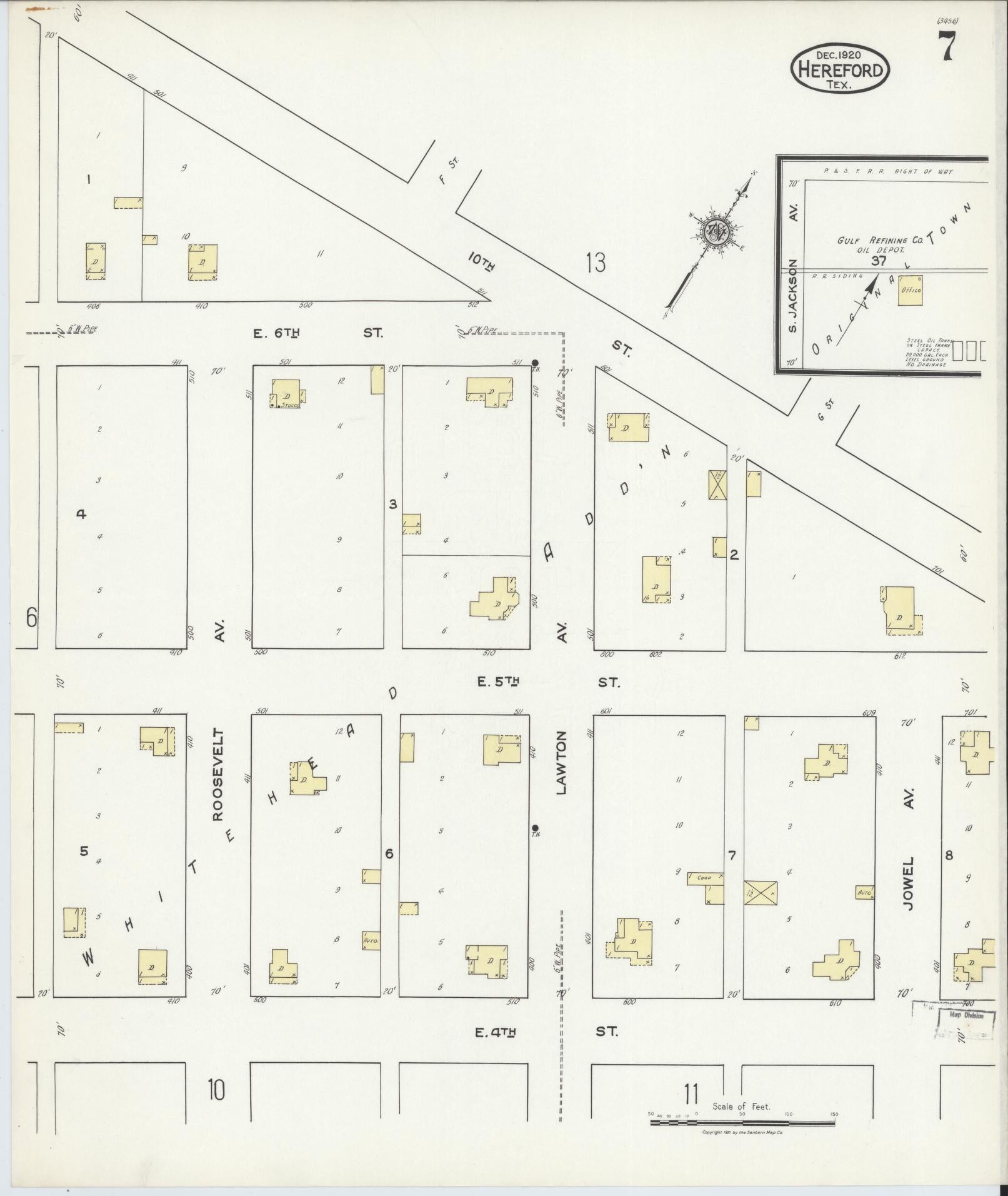 Sanborn Fire Insurance Map from Hereford, Deaf Smith County, Texas (1920), Sheet #0007 - Complete Map Set gallery image, historic Sanborn map, vintage wall art, Texas Texas