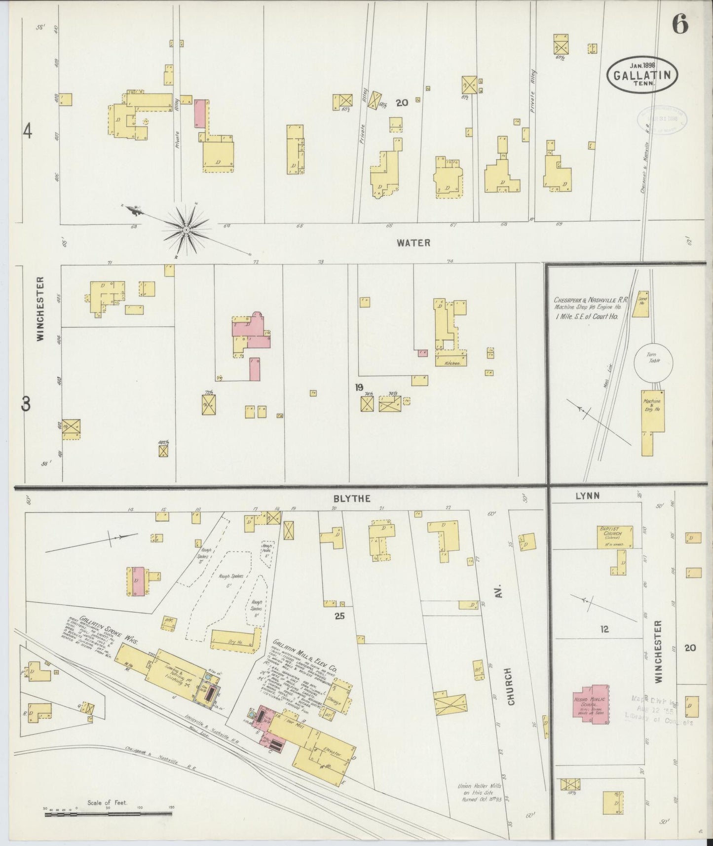 Sanborn Fire Insurance Map from Gallatin, Sumner County, Tennessee (1898), Sheet #0006 - Historic Sanborn Fire Insurance Map Print, vintage old map wall art, antique decor, genealogy gift, Tennessee Tennessee map