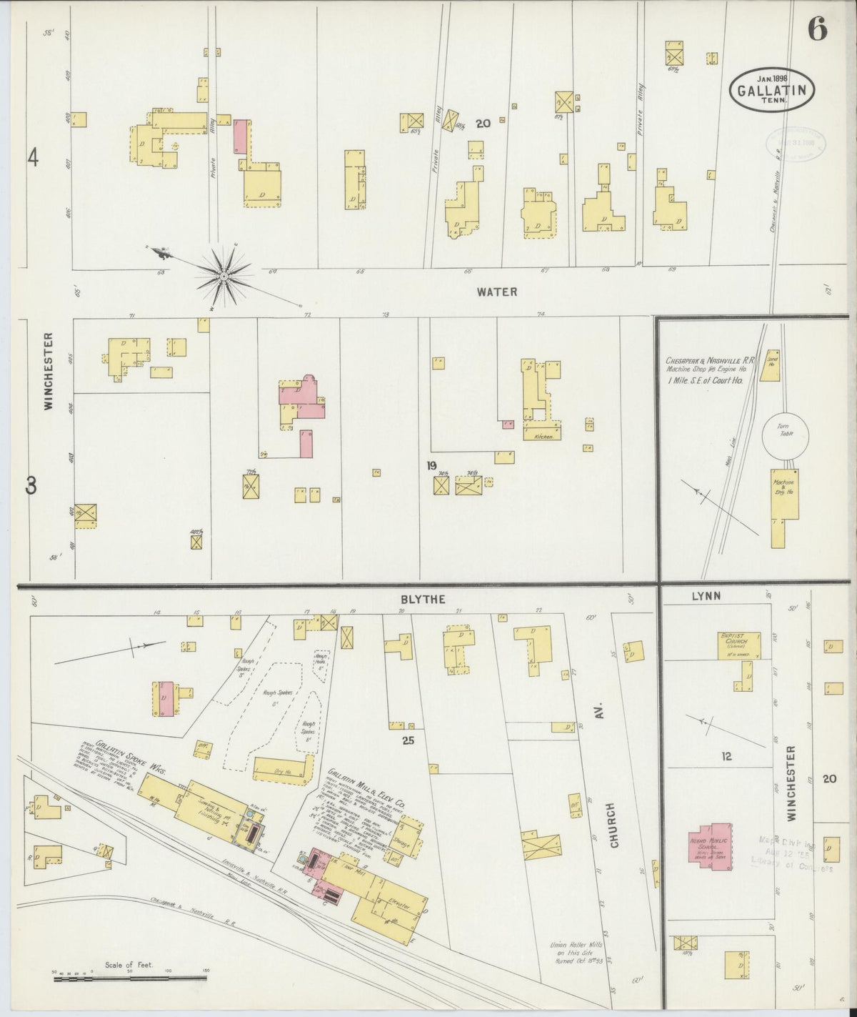 Sanborn Fire Insurance Map from Gallatin, Sumner County, Tennessee (1898), Sheet #0006 - Historic Sanborn Fire Insurance Map Print, vintage old map wall art, antique decor, genealogy gift, Tennessee Tennessee map