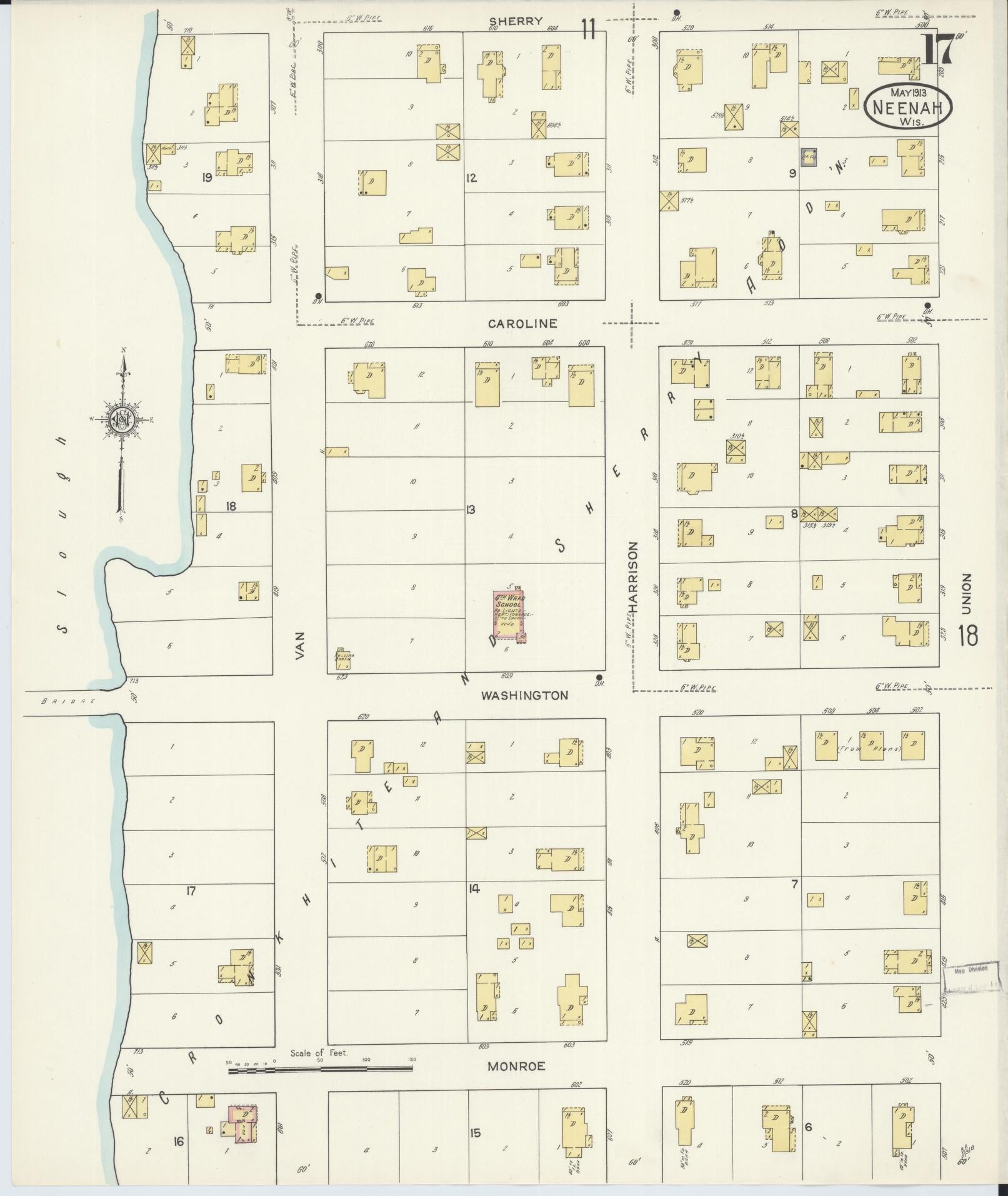 Sanborn Fire Insurance Map from Neenah, Winnebago County, Wisconsin (1913), Sheet #0017 - Historic Sanborn Fire Insurance Map Print, vintage old map wall art, antique decor, genealogy gift, Wisconsin Wisconsin map