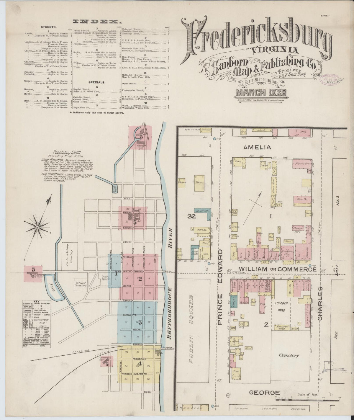 Sanborn Fire Insurance Map from Fredericksburg, Independent Cities, Virginia (1886), Sheet #0001 - Complete Map Set gallery image, historic Sanborn map, vintage wall art, Virginia Virginia