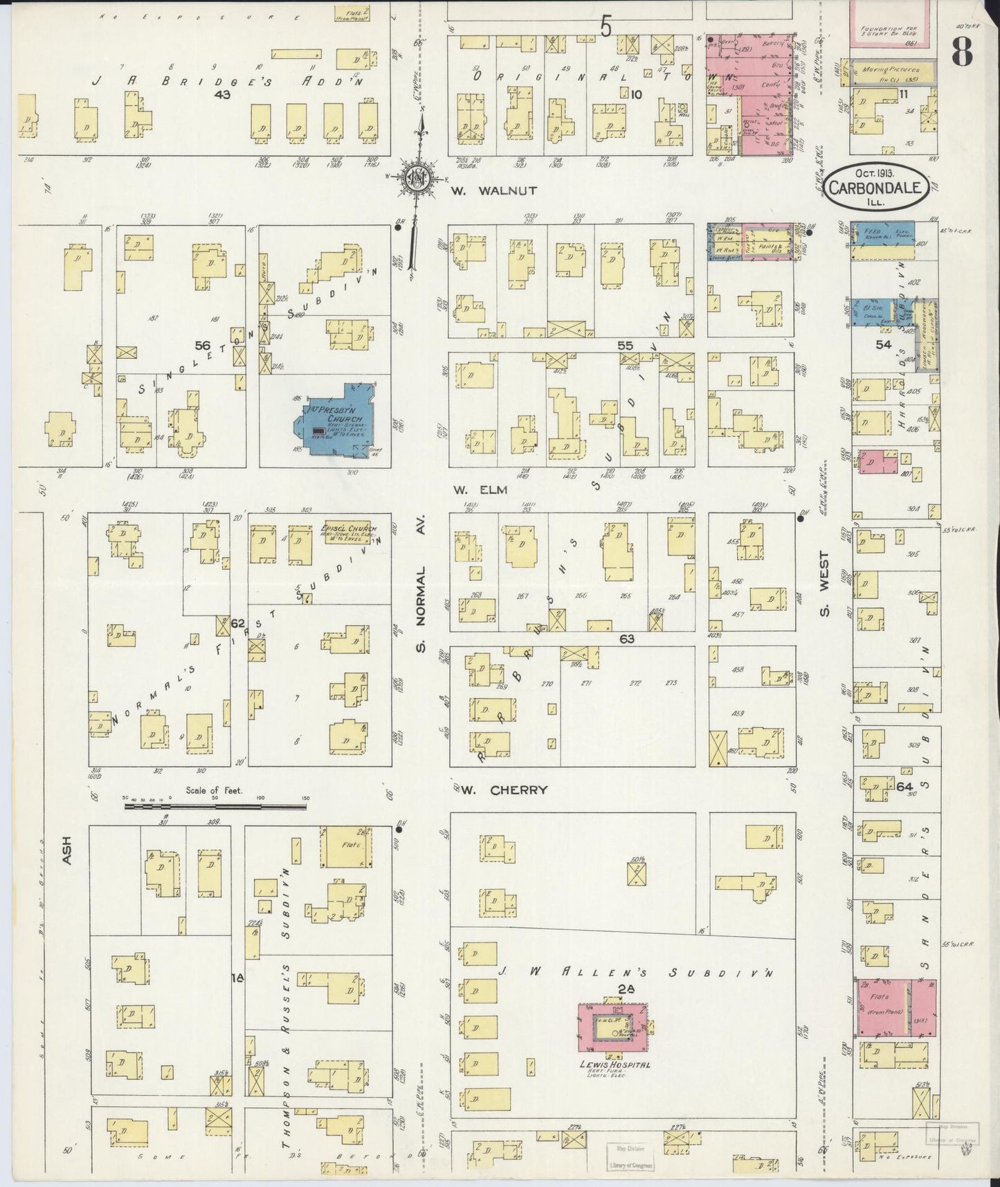 Sanborn Fire Insurance Map from Carbondale, Jackson County, Illinois (1913), Sheet #0008 - Complete Map Set gallery image, historic Sanborn map, vintage wall art, Illinois Illinois