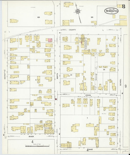 Sanborn Fire Insurance Map from Bennington, Bennington County, Vermont (1912), Sheet #0008 - Historic Sanborn Fire Insurance Map Print, vintage old map wall art, antique decor, genealogy gift, Vermont Vermont map