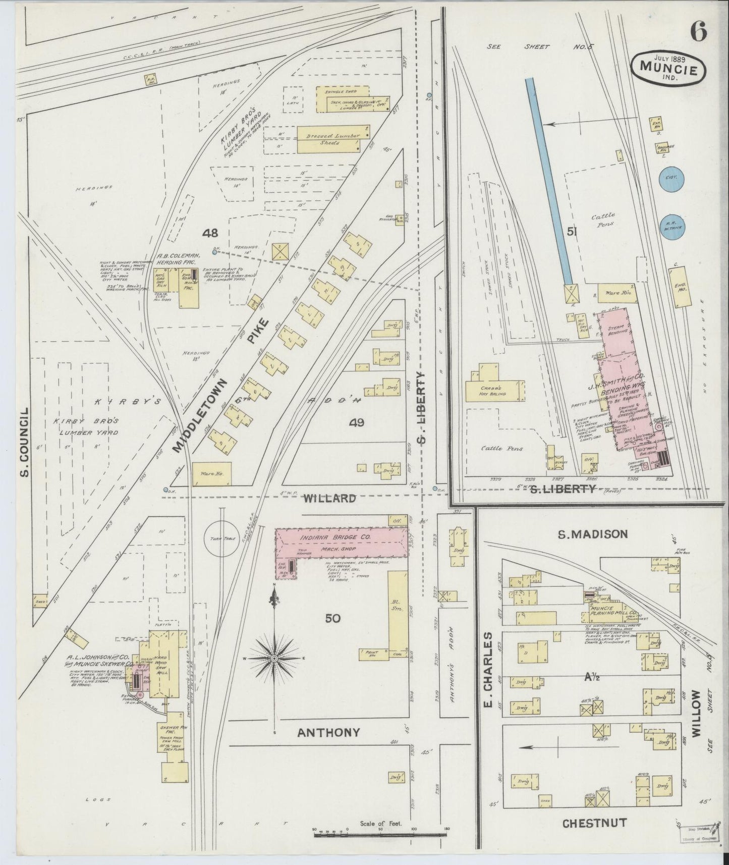 Sanborn Fire Insurance Map from Muncie, Delaware County, Indiana (1889), Sheet #0006 - Complete Map Set gallery image, historic Sanborn map, vintage wall art, Muncie Delaware