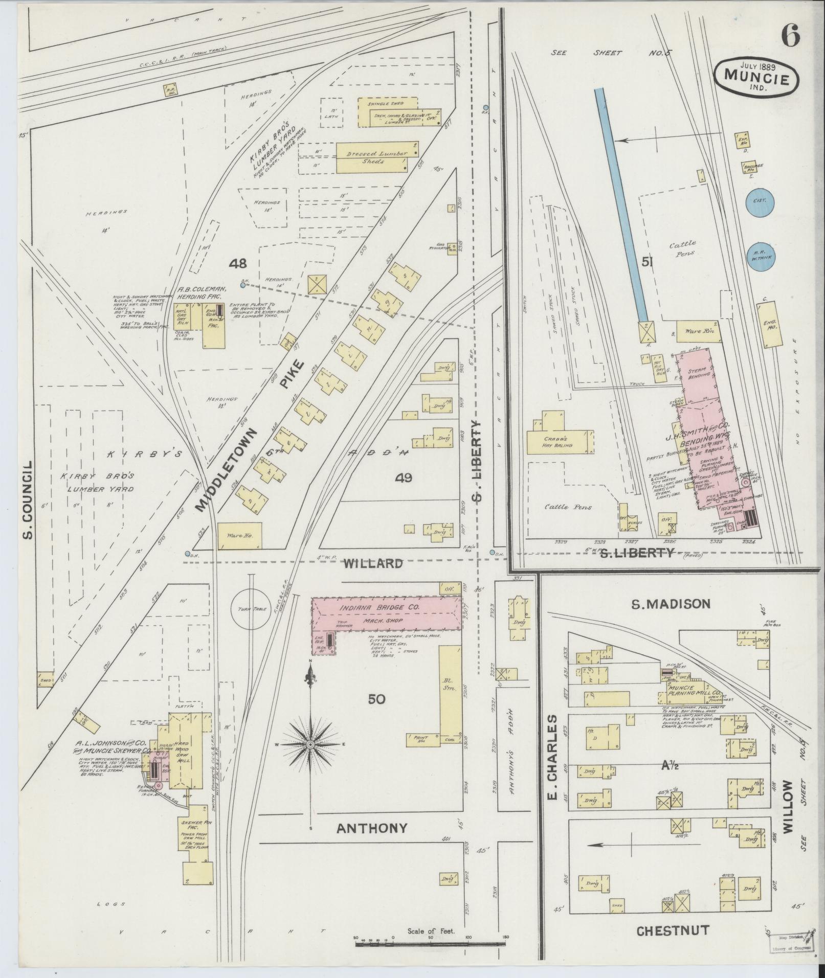 Sanborn Fire Insurance Map from Muncie, Delaware County, Indiana (1889), Sheet #0006 - Complete Map Set gallery image, historic Sanborn map, vintage wall art, Muncie Delaware
