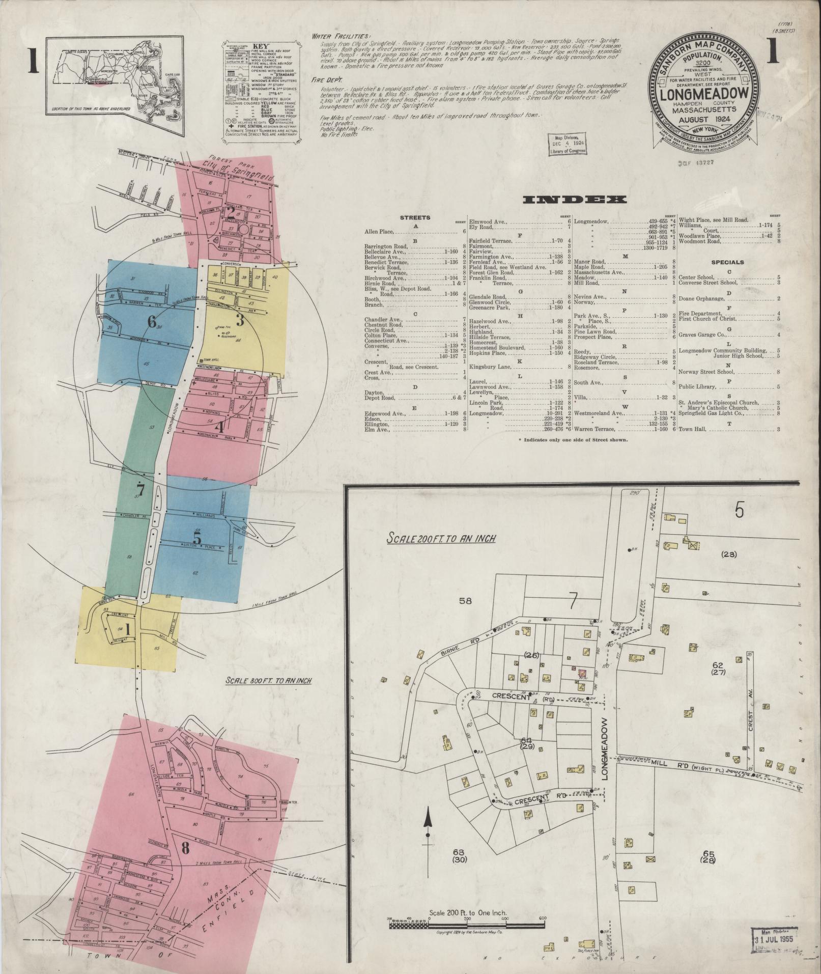 Sanborn Fire Insurance Map from Longmeadow, Hampden County, Massachusetts (1924), Sheet #0001 - Historic Sanborn Fire Insurance Map Print, vintage old map wall art, antique decor, genealogy gift, Massachusetts Massachusetts map