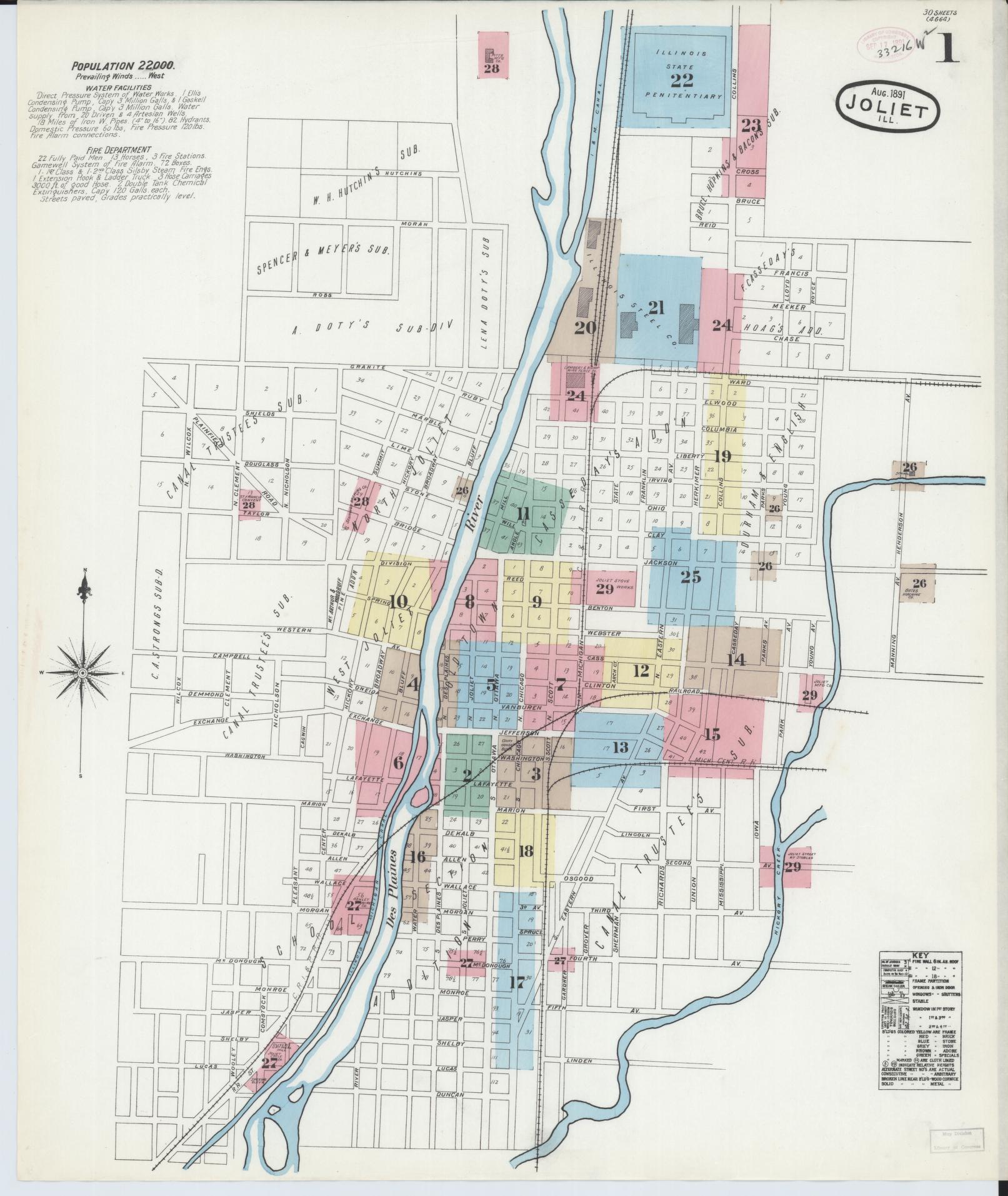 Sanborn Fire Insurance Map from Joliet, Will County, Illinois (1891), Sheet #0001 - Complete Map Set gallery image, historic Sanborn map, vintage wall art, Illinois Illinois