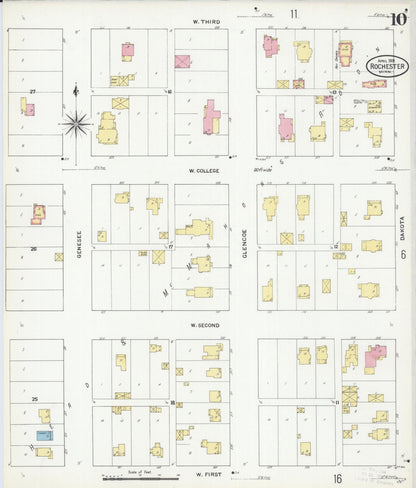 Sanborn Fire Insurance Map from Rochester, Olmsted County, Minnesota (1909), Sheet #0010 - Historic Sanborn Fire Insurance Map Print, vintage old map wall art, antique decor, genealogy gift, Minnesota Minnesota map