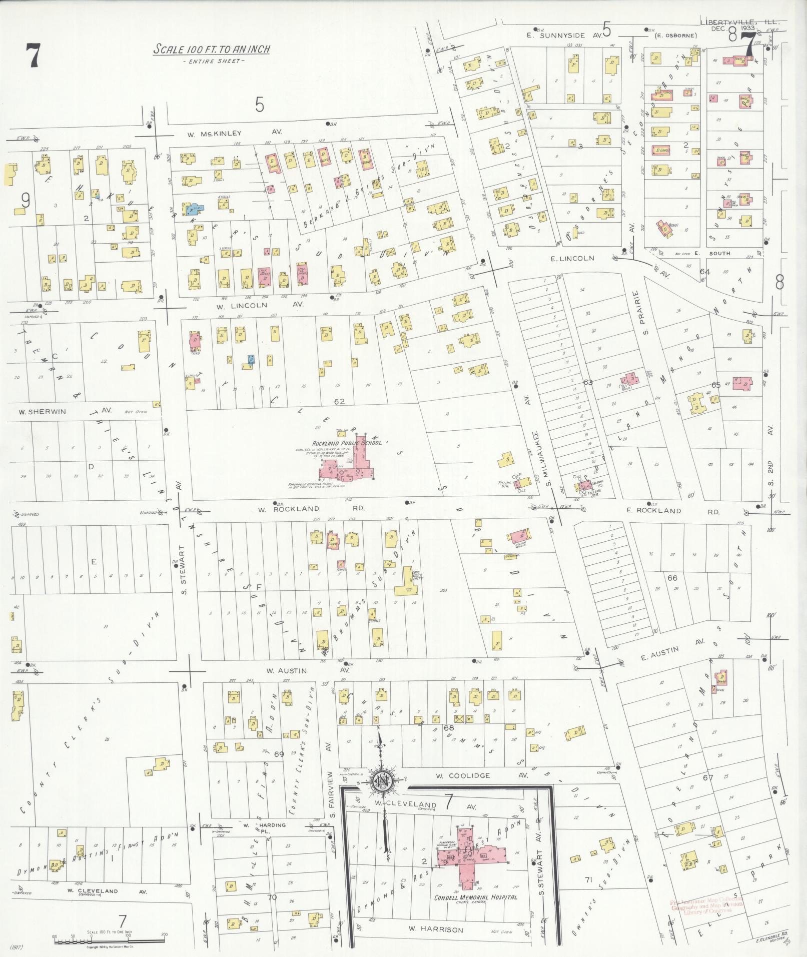 Sanborn Fire Insurance Map from Libertyville, Lake County, Illinois (1933), Sheet #0007 - Complete Map Set gallery image, historic Sanborn map, vintage wall art, Illinois Illinois