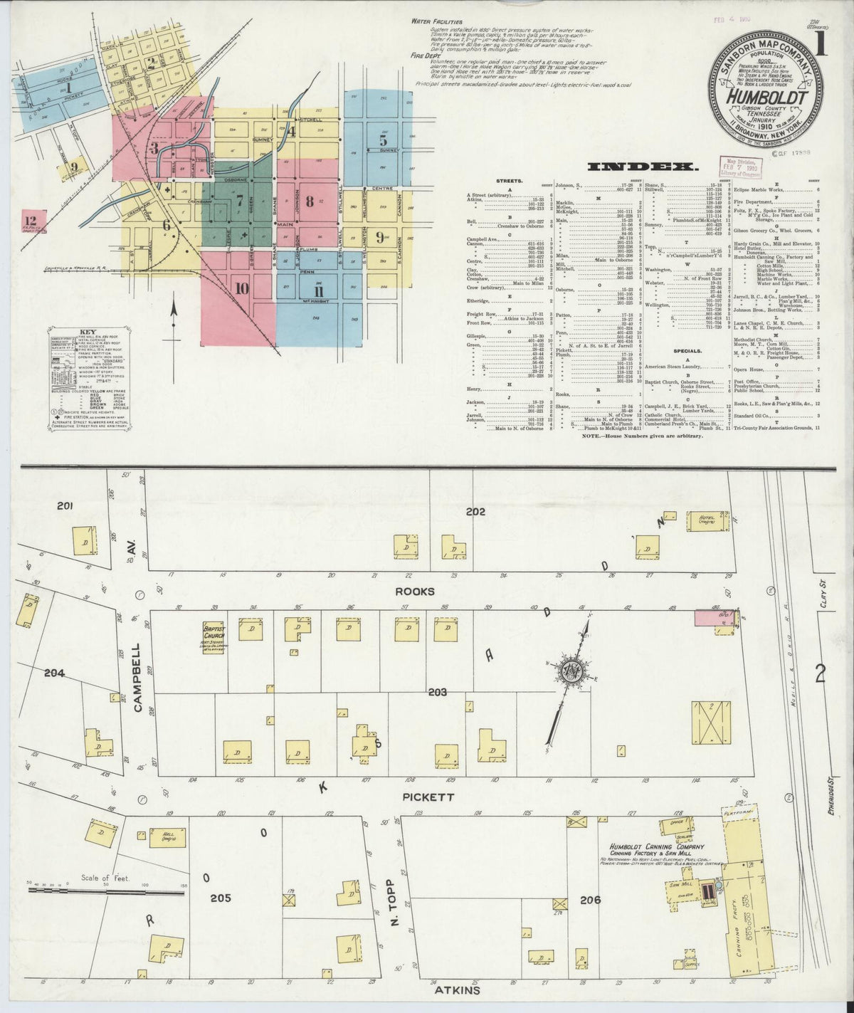 Sanborn Fire Insurance Map from Humboldt, Gibson County, Tennessee (1910), Sheet #0001 - Complete Map Set gallery image, historic Sanborn map, vintage wall art, Tennessee Tennessee