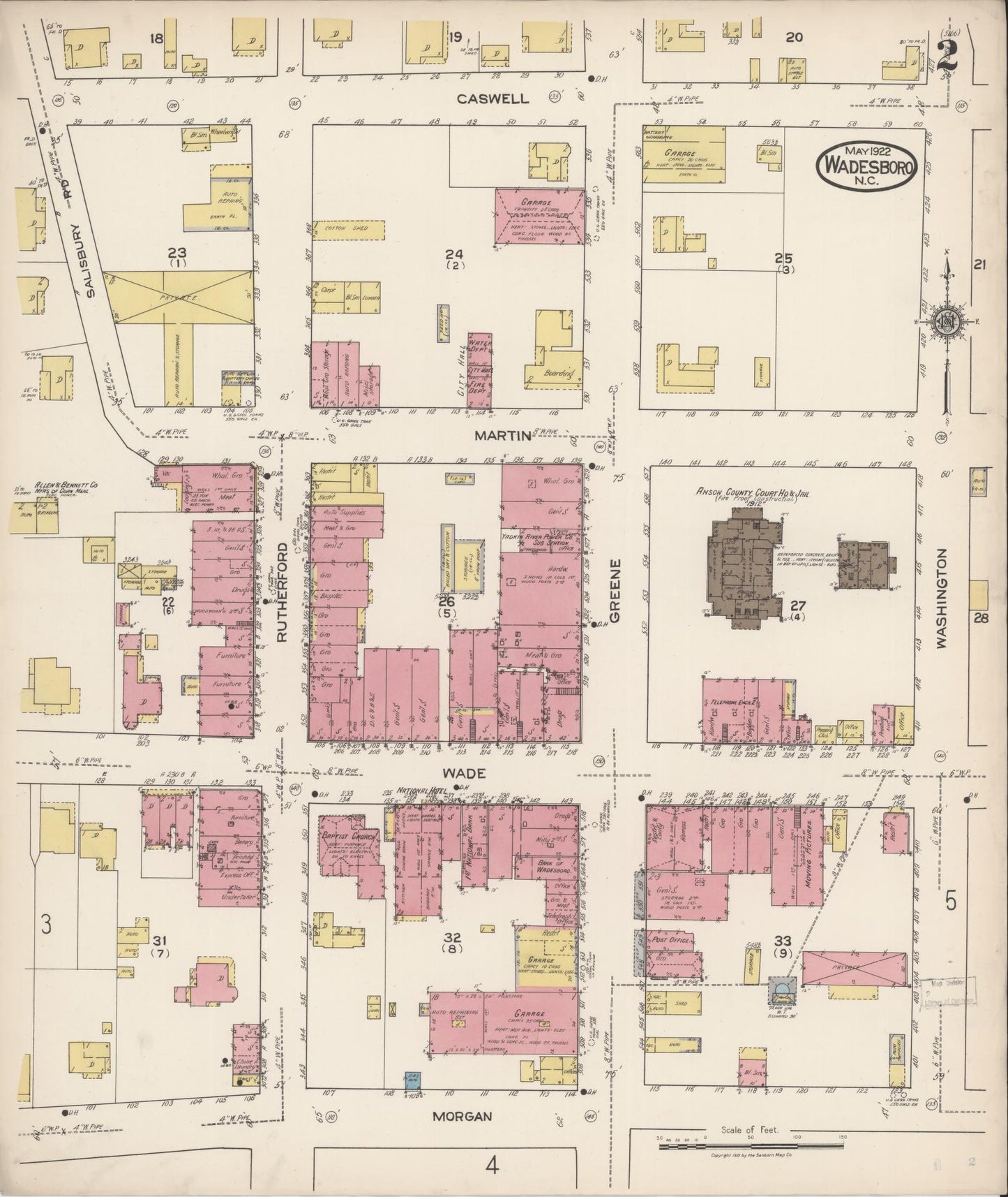 Sanborn Fire Insurance Map from Wadesboro, Anson County, North Carolina (1922), Sheet #0002 - Historic Sanborn Fire Insurance Map Print, vintage old map wall art, antique decor, genealogy gift, North Carolina North Carolina map