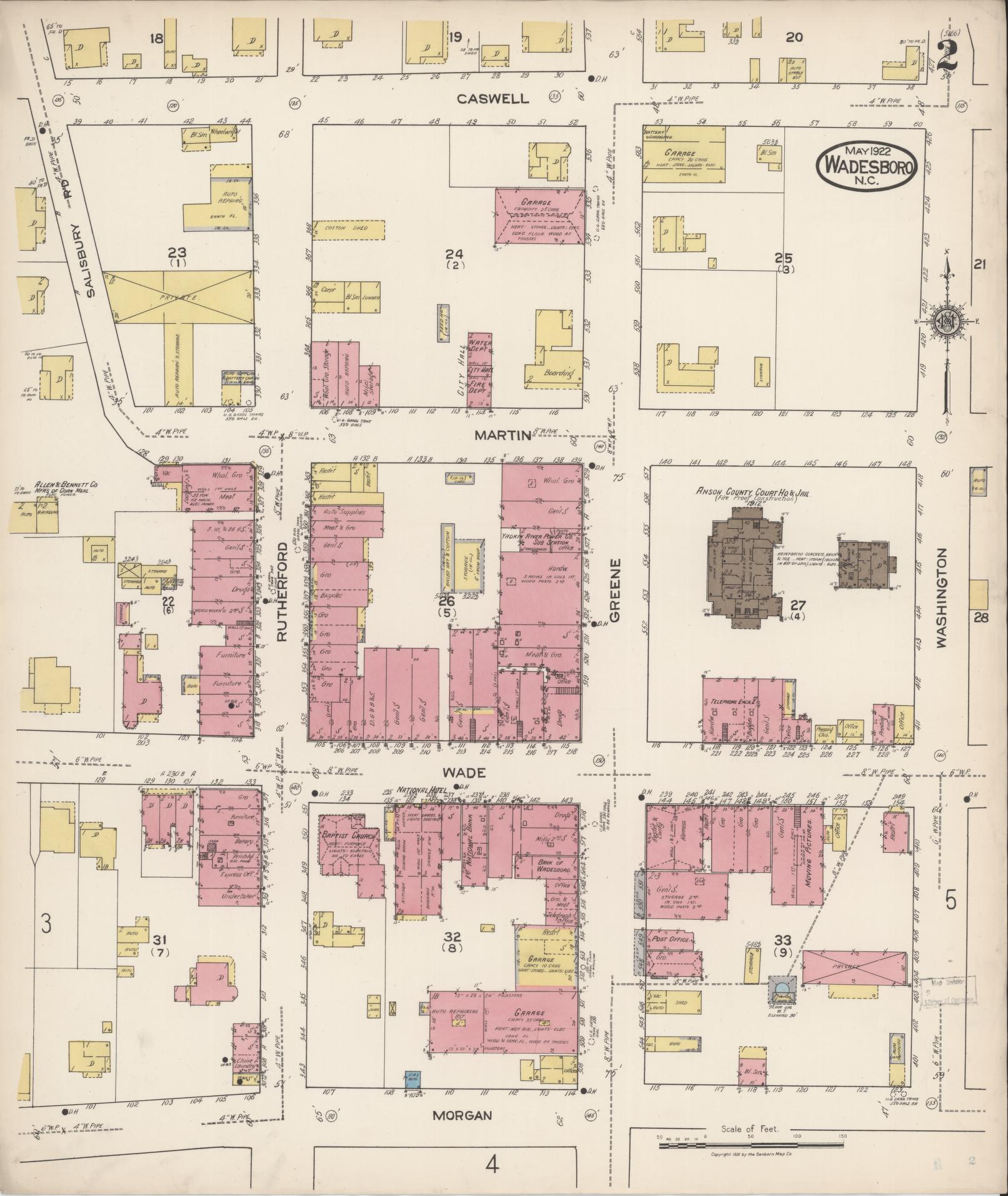 Sanborn Fire Insurance Map from Wadesboro, Anson County, North Carolina (1922), Sheet #0002 - Historic Sanborn Fire Insurance Map Print, vintage old map wall art, antique decor, genealogy gift, North Carolina North Carolina map