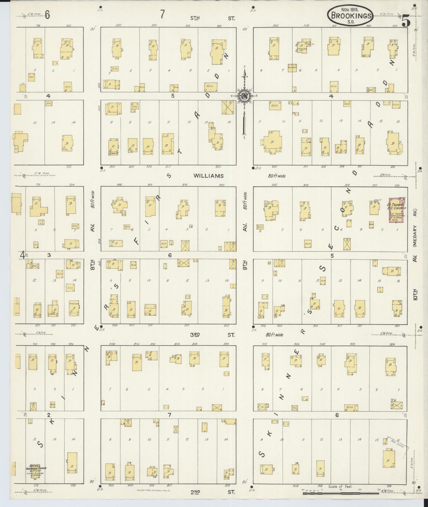 Sanborn Fire Insurance Map from Brookings, Brookings County, South Dakota (1916), Sheet #0005 - Complete Map Set gallery image, historic Sanborn map, vintage wall art, South Dakota South Dakota