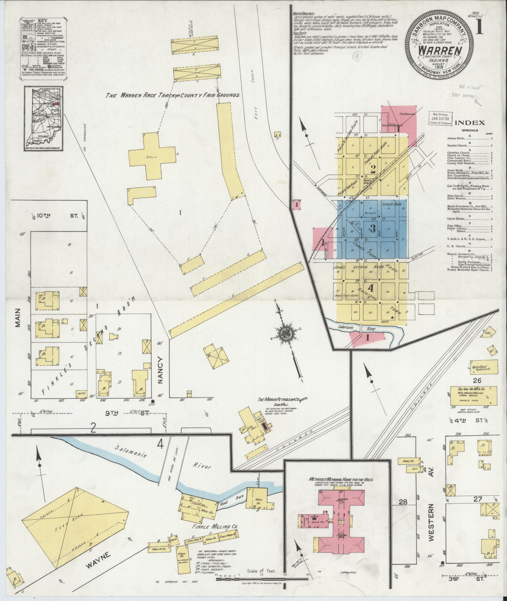 Sanborn Fire Insurance Map from Warren, Huntington County, Indiana (1919), Sheet #0001 - Complete Map Set gallery image, historic Sanborn map, vintage wall art, Indiana Indiana