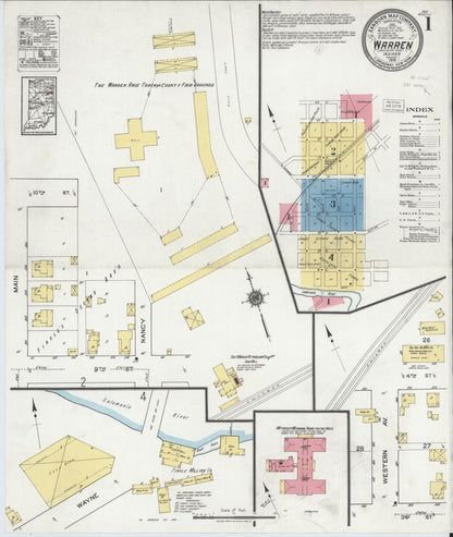Sanborn Fire Insurance Map from Warren, Huntington County, Indiana (1919), Sheet #0001 - Complete Map Set gallery image, historic Sanborn map, vintage wall art, Indiana Indiana