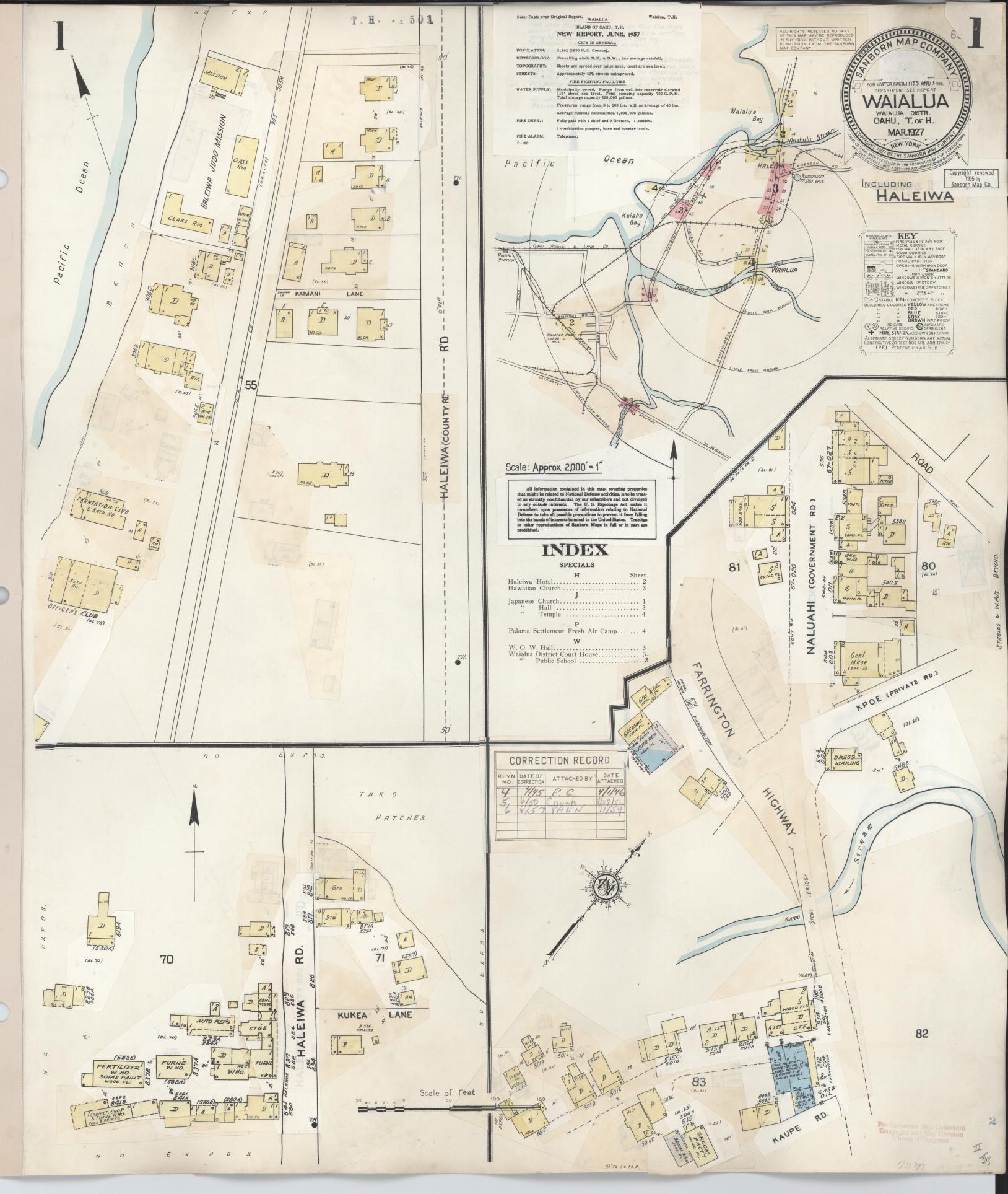 Sanborn Fire Insurance Map from Waialua, Honolulu County, Hawaii (1957), Sheet #0001 - Historic Sanborn Fire Insurance Map Print, vintage old map wall art, antique decor, genealogy gift, Hawaii Hawaii map
