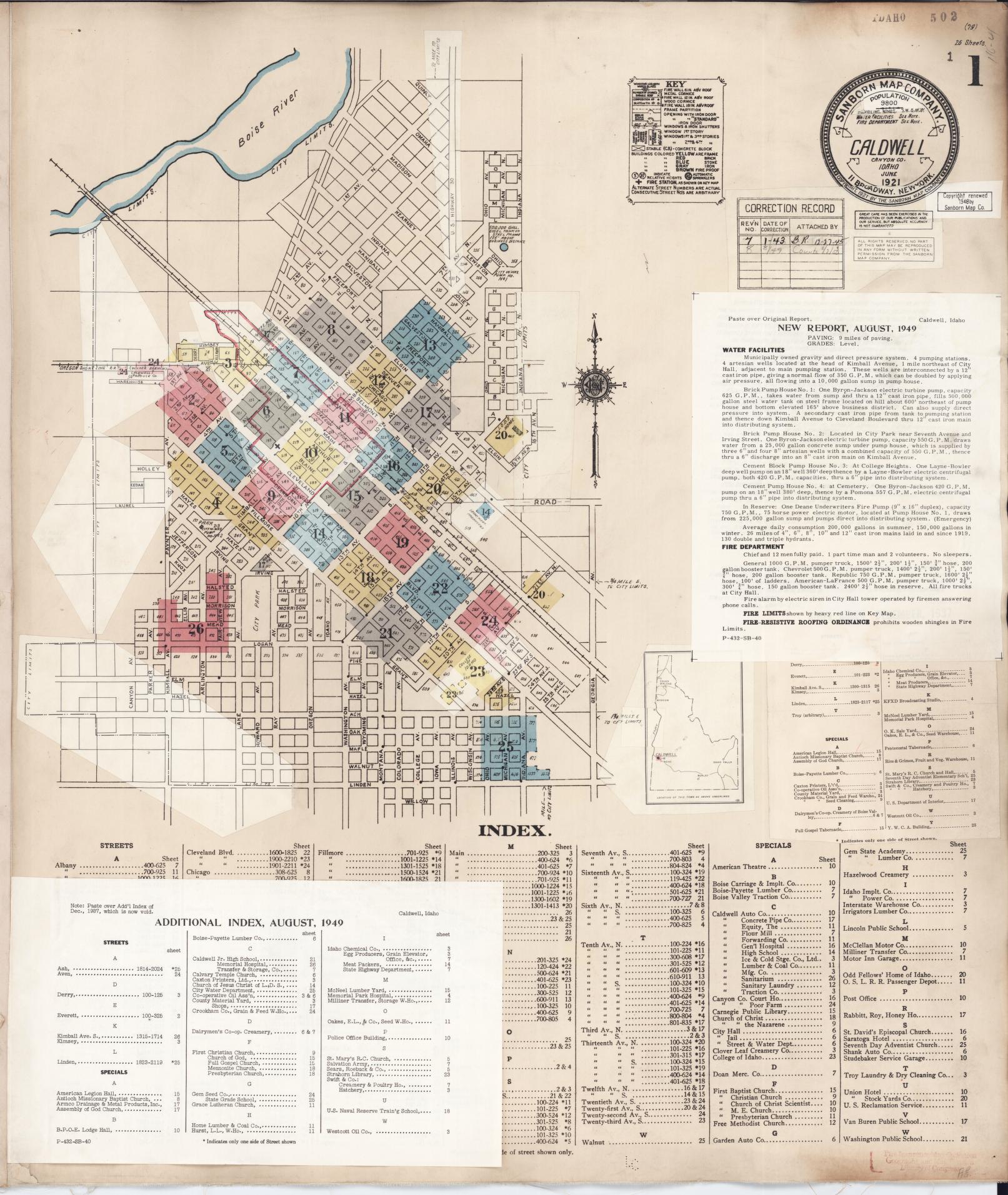 Sanborn Fire Insurance Map from Caldwell, Canyon County, Idaho (1949), Sheet #0001 - Historic Sanborn Fire Insurance Map Print, vintage old map wall art, antique decor, genealogy gift, Idaho Idaho map