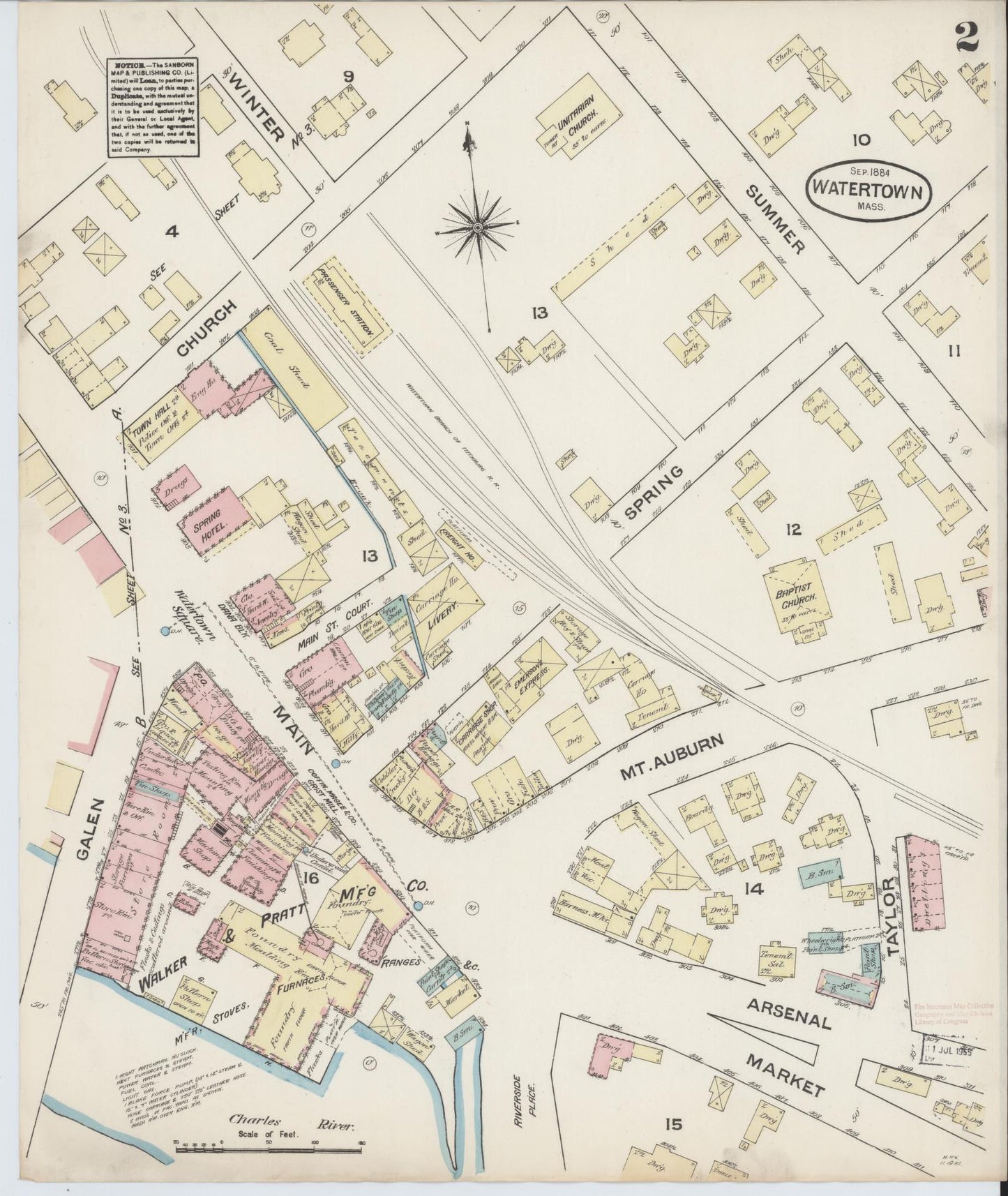 Sanborn Fire Insurance Map from Watertown, Middlesex County, Massachusetts (1884), Sheet #0002 - Historic Sanborn Fire Insurance Map Print, vintage old map wall art, antique decor, genealogy gift, Massachusetts Massachusetts map