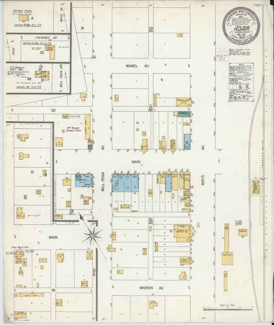 Sanborn Fire Insurance Map from Adair, Mayes County, Oklahoma (1905), Sheet #0001 - Historic Sanborn Fire Insurance Map Print, vintage old map wall art, antique decor, genealogy gift, Oklahoma Oklahoma map