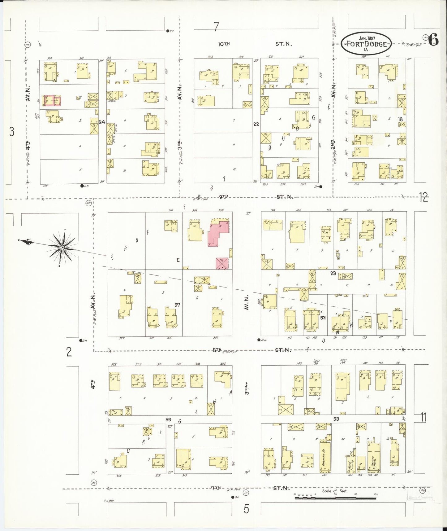 Sanborn Fire Insurance Map from Fort Dodge, Webster County, Iowa (1907), Sheet #0006 - Historic Sanborn Fire Insurance Map Print, vintage old map wall art