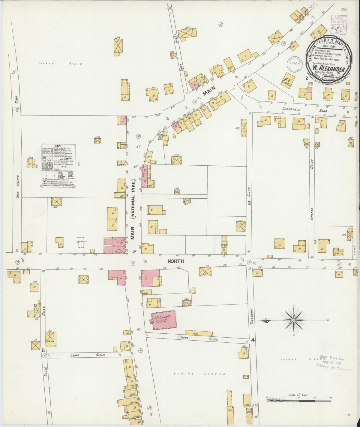 Sanborn Fire Insurance Map from West Alexander, Washington County, Pennsylvania (1901), Sheet #0001 - Historic Sanborn Fire Insurance Map Print, vintage old map wall art, antique decor, genealogy gift, Pennsylvania Pennsylvania map
