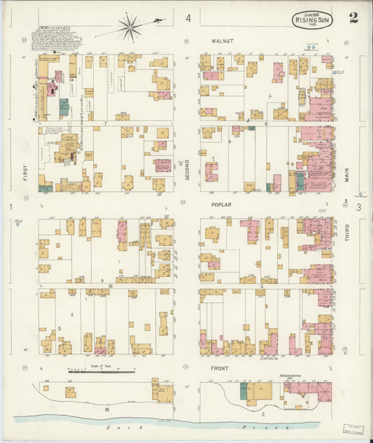Sanborn Fire Insurance Map from Rising Sun, Ohio County, Indiana (1906), Sheet #0002 - Historic Sanborn Fire Insurance Map Print, vintage old map wall art, antique decor, genealogy gift, Indiana Indiana map