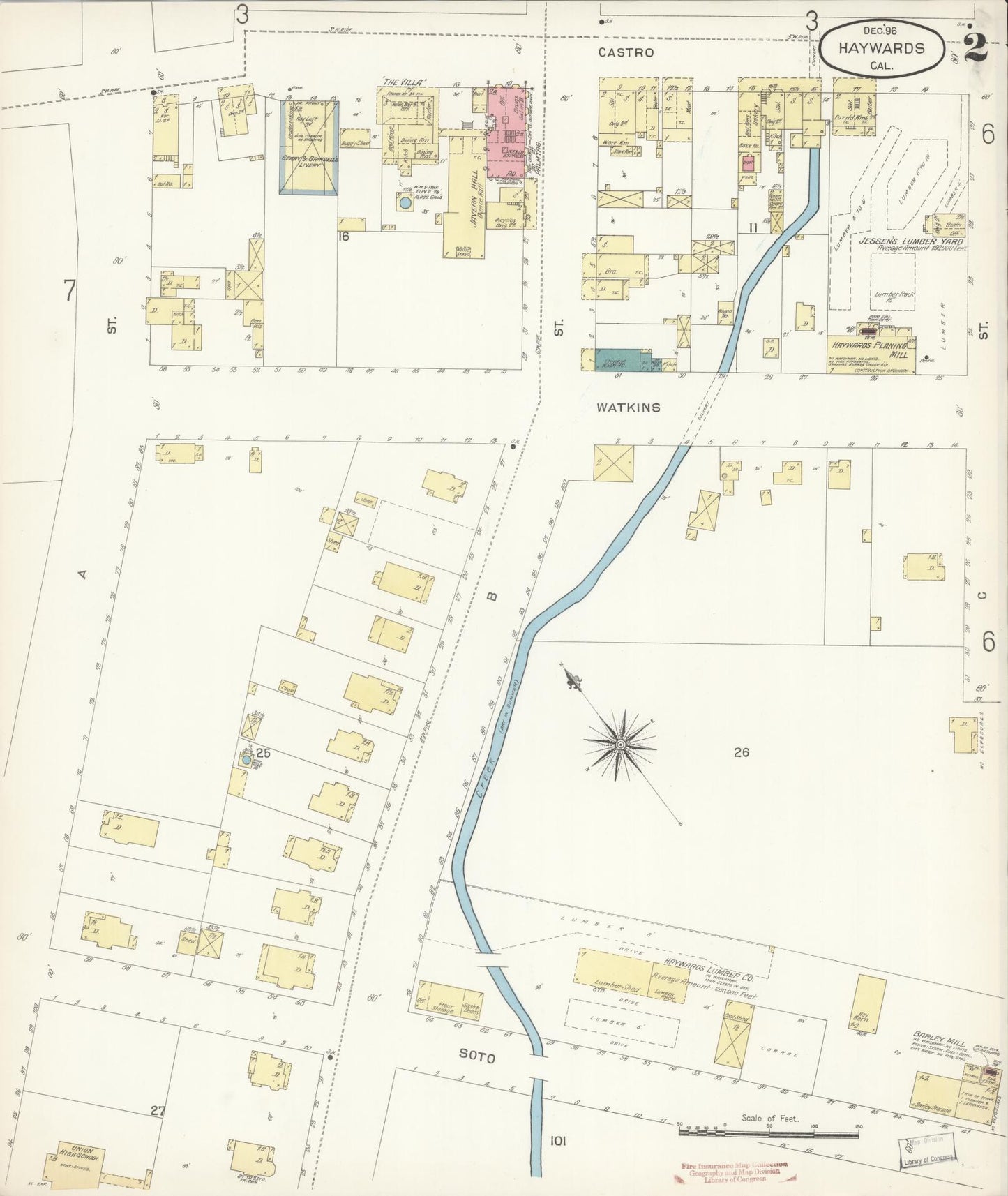 Sanborn Fire Insurance Map from Hayward, Alameda County, California (1896), Sheet #0002 - Complete Map Set gallery image, historic Sanborn map, vintage wall art, California California