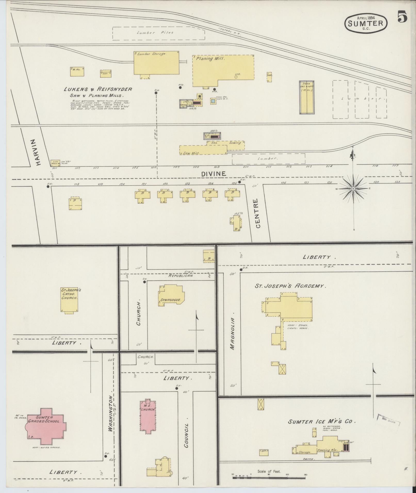 Sanborn Fire Insurance Map from Sumter, Sumter County, South Carolina (1894), Sheet #0005 - Historic Sanborn Fire Insurance Map Print, vintage old map wall art, antique decor, genealogy gift, South Carolina South Carolina map