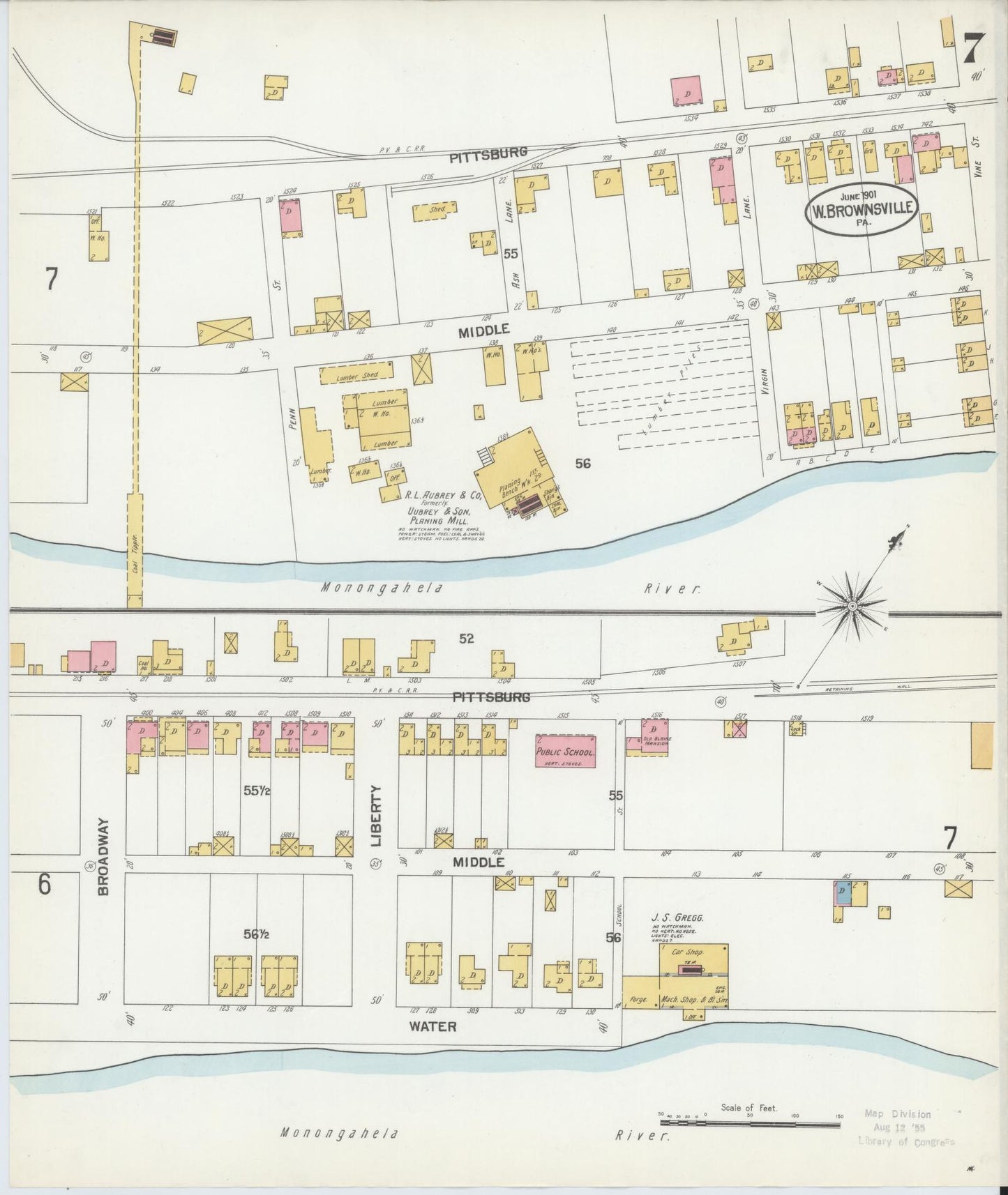 Sanborn Fire Insurance Map from Brownsville, Fayette County, Pennsylvania (1901), Sheet #0007 - Historic Sanborn Fire Insurance Map Print, vintage old map wall art, antique decor, genealogy gift, Pennsylvania Pennsylvania map