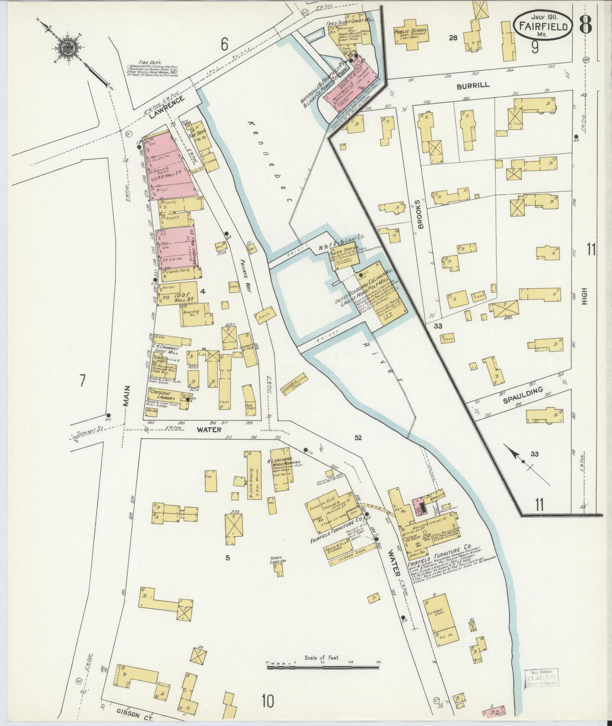 Sanborn Fire Insurance Map from Fairfield, Somerset County, Maine (1911), Sheet #0008 - Historic Sanborn Fire Insurance Map Print, vintage old map wall art, antique decor, genealogy gift, Maine Maine map