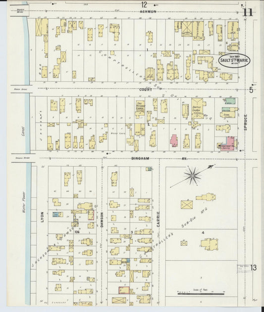 Sanborn Fire Insurance Map from Sault Sainte Marie, Chippewa County, Michigan (1897), Sheet #0011 - Historic Sanborn Fire Insurance Map Print, vintage old map wall art, antique decor, genealogy gift, Michigan Michigan map