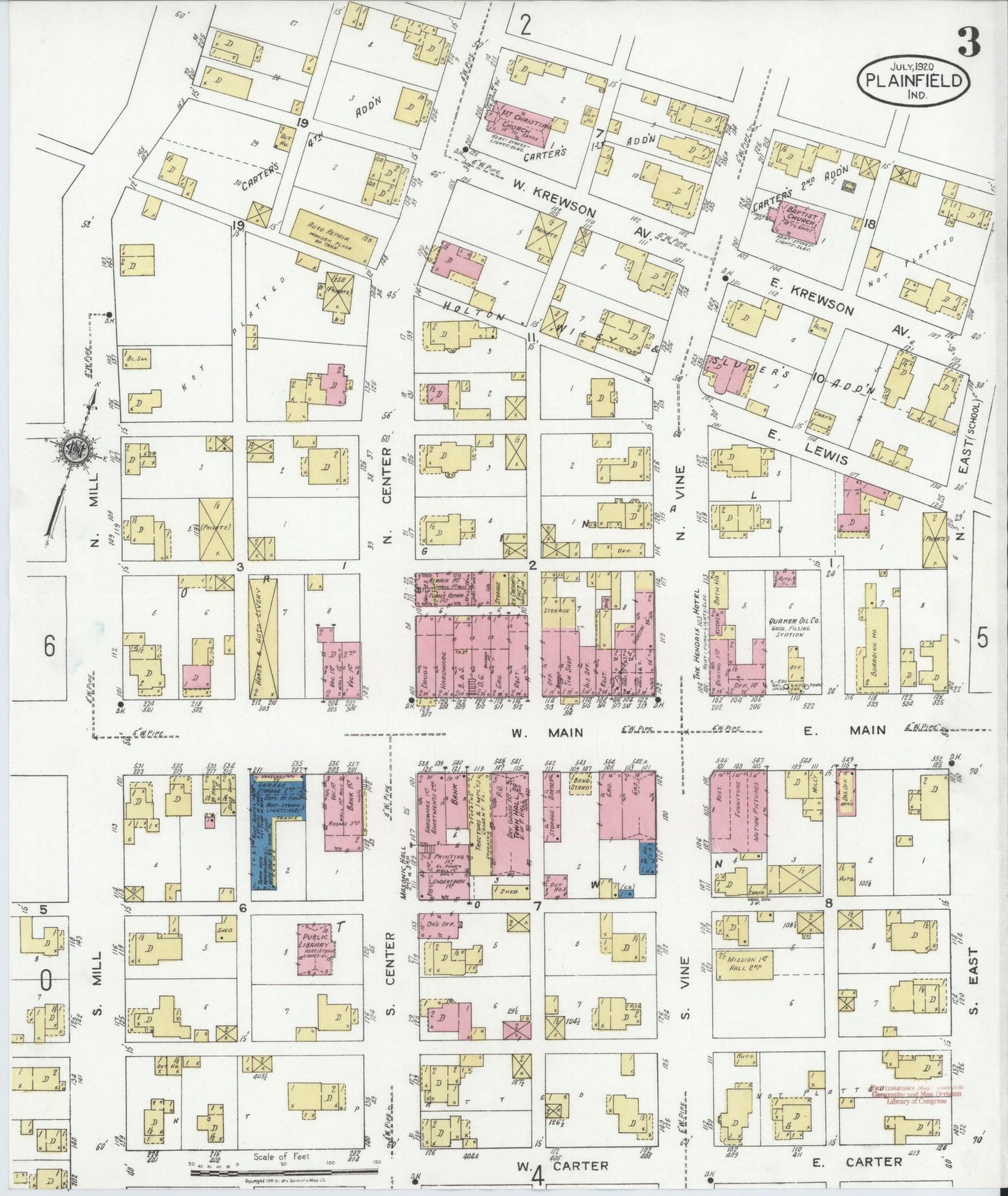 Sanborn Fire Insurance Map from Plainfield, Hendricks County, Indiana (1920), Sheet #0003 - Complete Map Set gallery image, historic Sanborn map, vintage wall art, Indiana Indiana