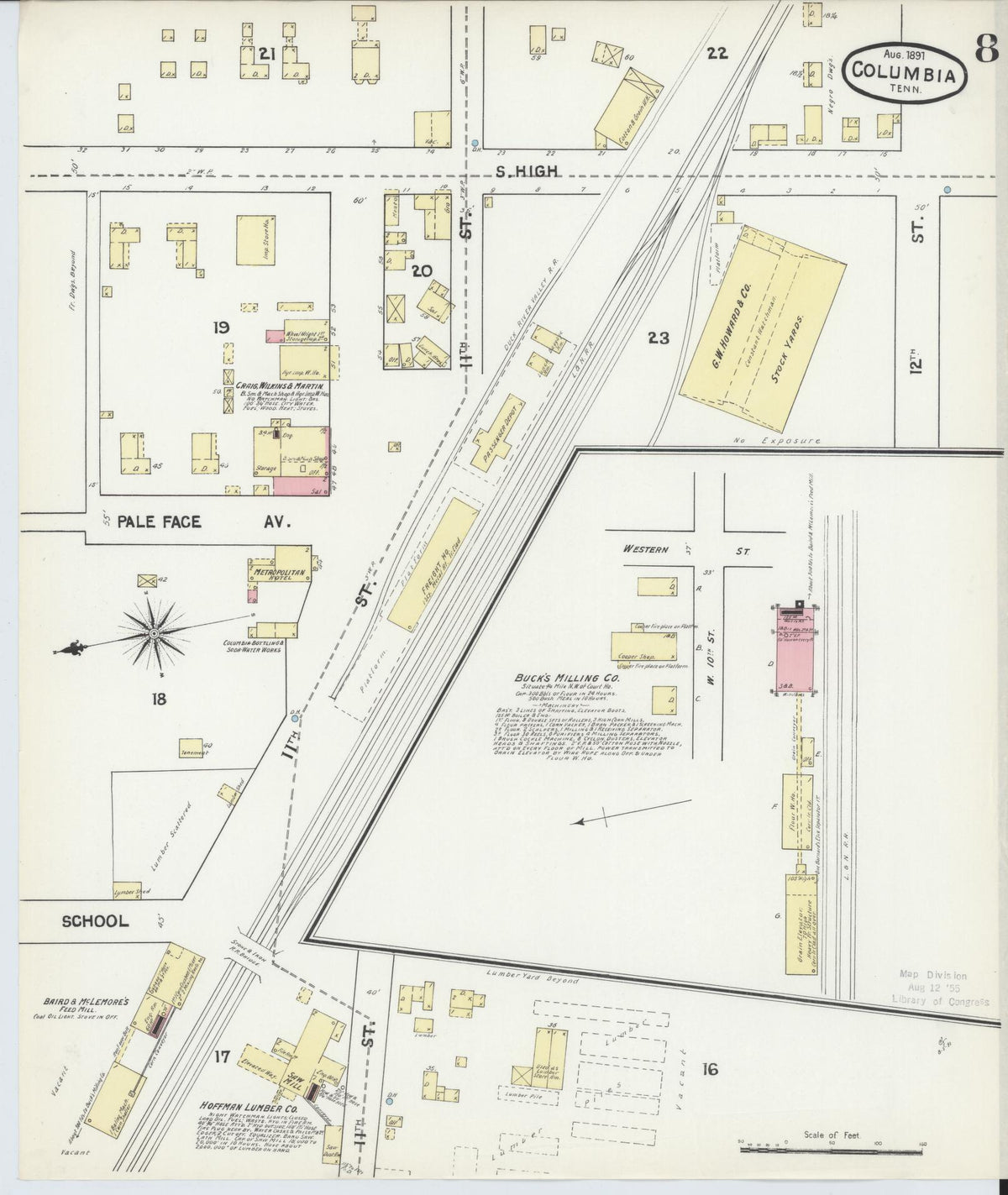 Sanborn Fire Insurance Map from Columbia, Maury County, Tennessee (1891), Sheet #0008 - Complete Map Set gallery image, historic Sanborn map, vintage wall art, Tennessee Tennessee