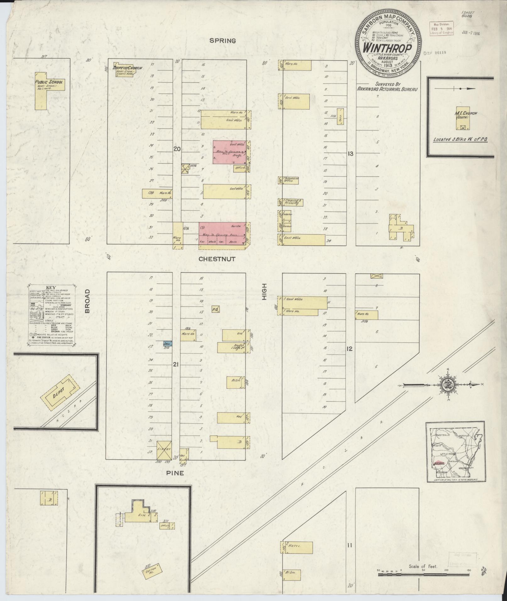 Sanborn Fire Insurance Map from Winthrop, Little River County, Arkansas (1913), Sheet #0001 - Historic Sanborn Fire Insurance Map Print, vintage old map wall art, antique decor, genealogy gift, Arkansas Arkansas map