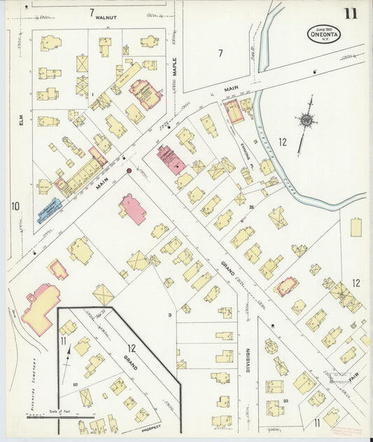 Sanborn Fire Insurance Map from Oneonta, Otsego County, New York (1910), Sheet #0011 - Historic Sanborn Fire Insurance Map Print, vintage old map wall art, antique decor, genealogy gift, New York New York map