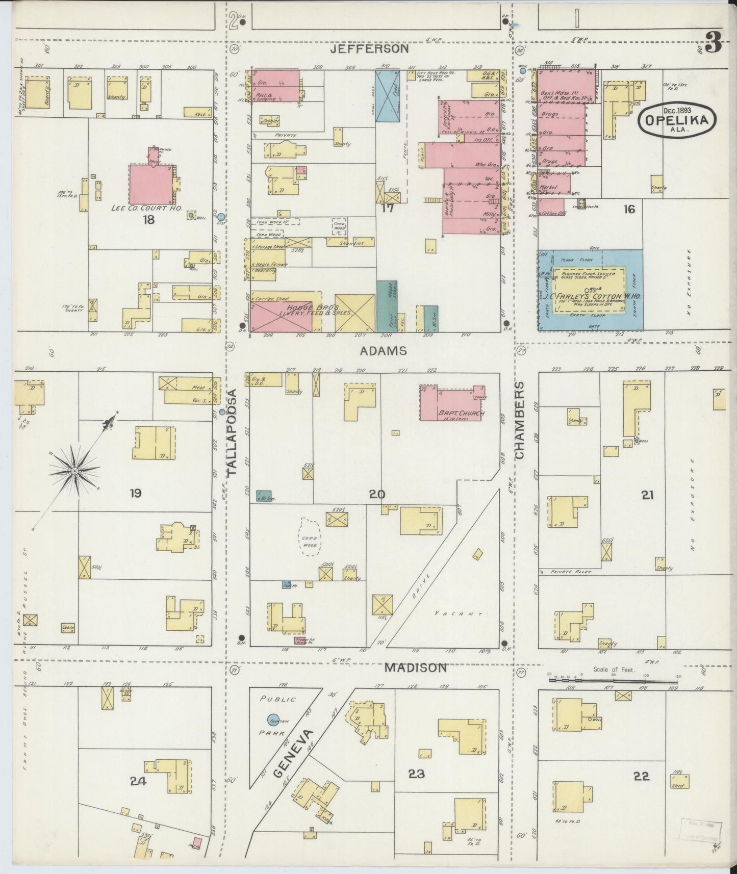 Sanborn Fire Insurance Map from Opelika, Lee County, Alabama (1893), Sheet #0003 - Historic Sanborn Fire Insurance Map Print, vintage old map wall art, antique decor, genealogy gift, Alabama Alabama map