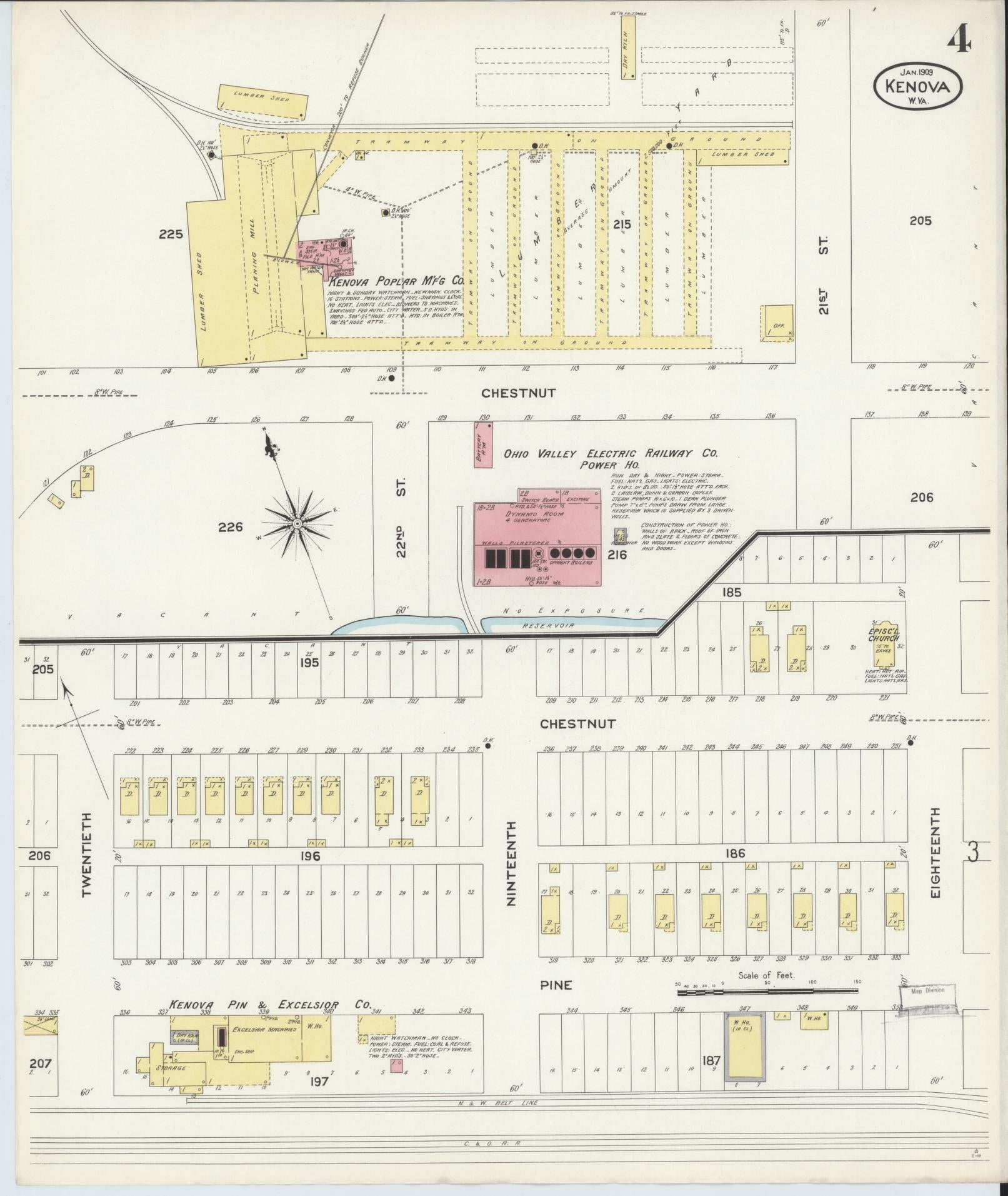 Sanborn Fire Insurance Map from Kenova, Wayne County, West Virginia (1909), Sheet #0004 - Historic Sanborn Fire Insurance Map Print, vintage old map wall art, antique decor, genealogy gift, West Virginia West Virginia map
