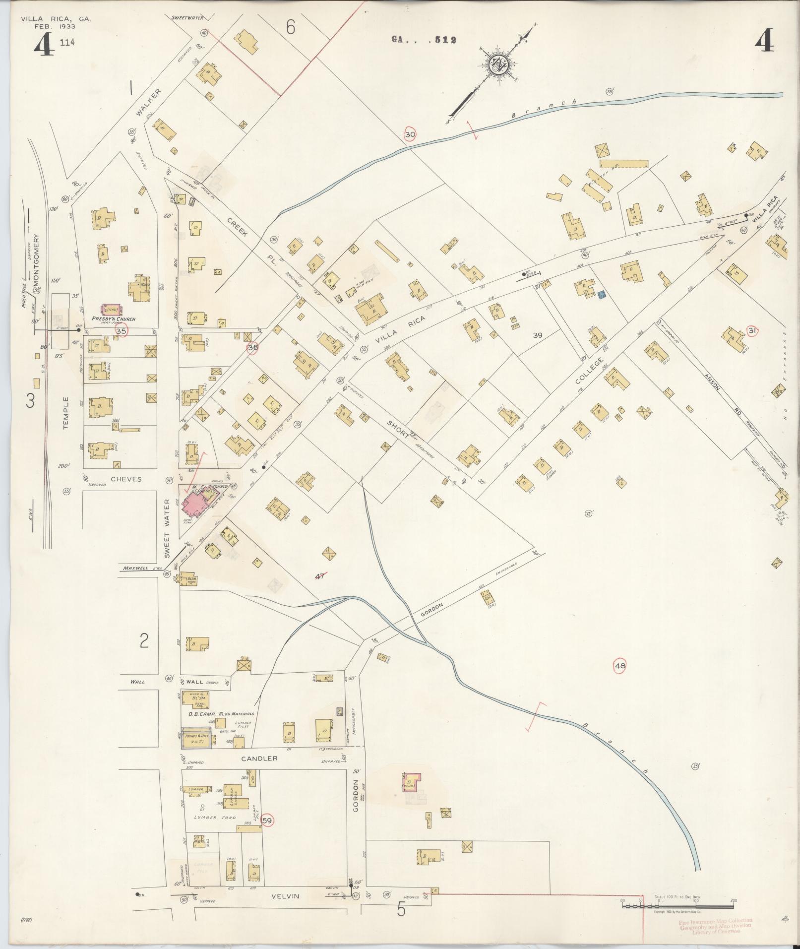 Sanborn Fire Insurance Map from Villa Rica, Carroll County, Georgia (1944), Sheet #0004 - Historic Sanborn Fire Insurance Map Print, vintage old map wall art, antique decor, genealogy gift, Georgia Georgia map