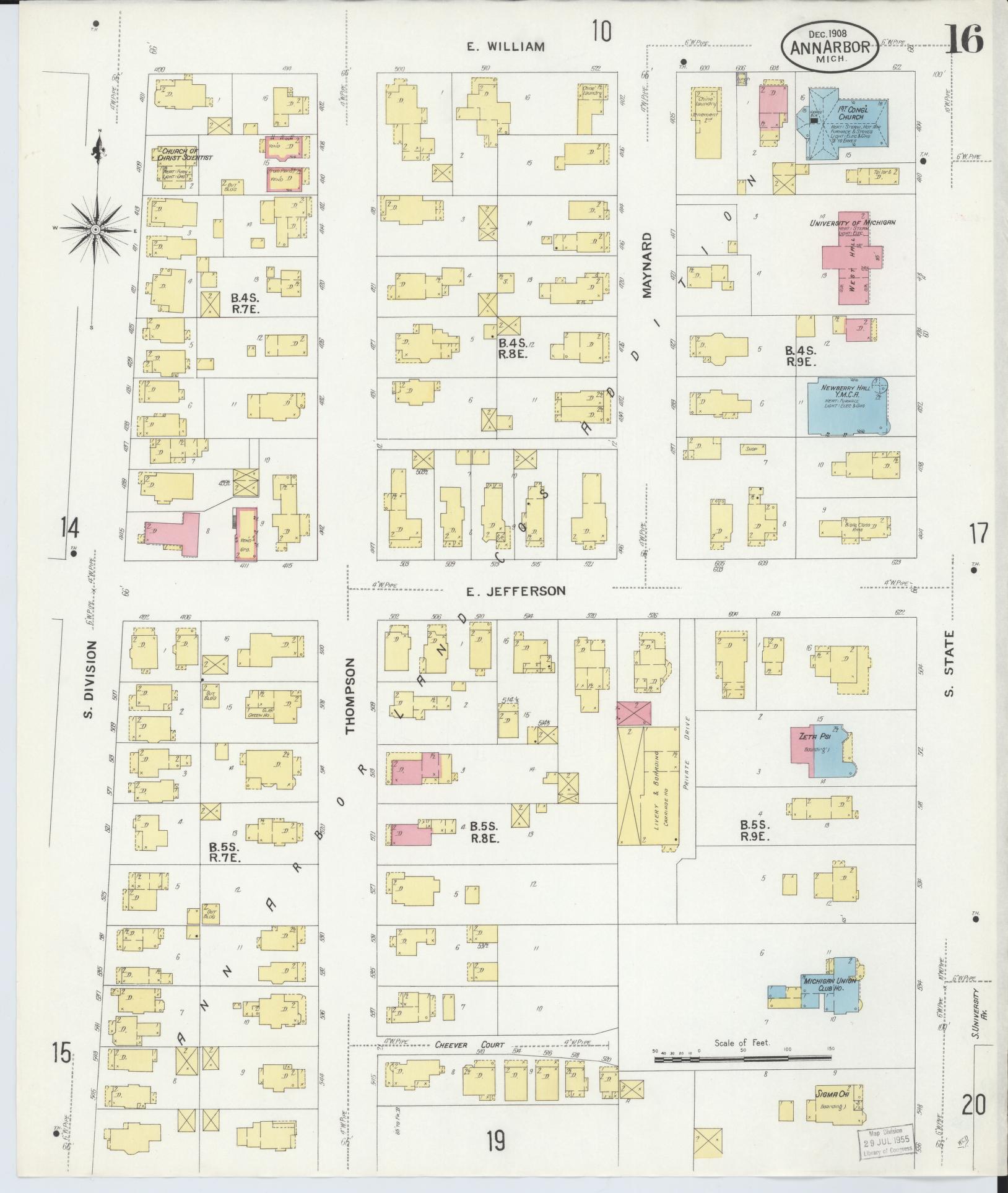 Sanborn Fire Insurance Map from Ann Arbor, Washtenaw County, Michigan (1908), Sheet #0016 - Historic Sanborn Fire Insurance Map Print, vintage old map wall art, antique decor, genealogy gift, Michigan Michigan map