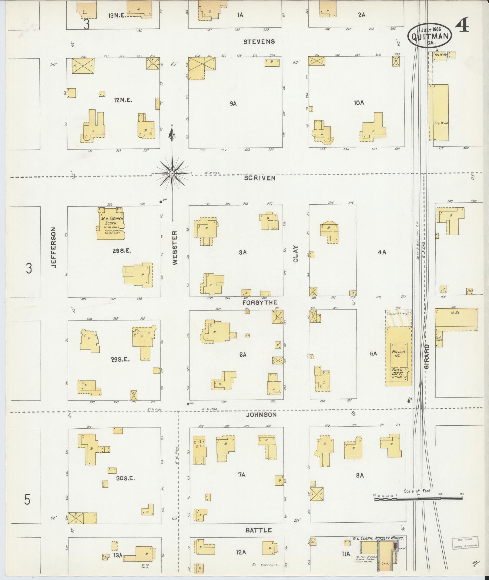 Sanborn Fire Insurance Map from Quitman, Brooks County, Georgia (1905), Sheet #0004 - Complete Map Set gallery image, historic Sanborn map, vintage wall art, Georgia Georgia