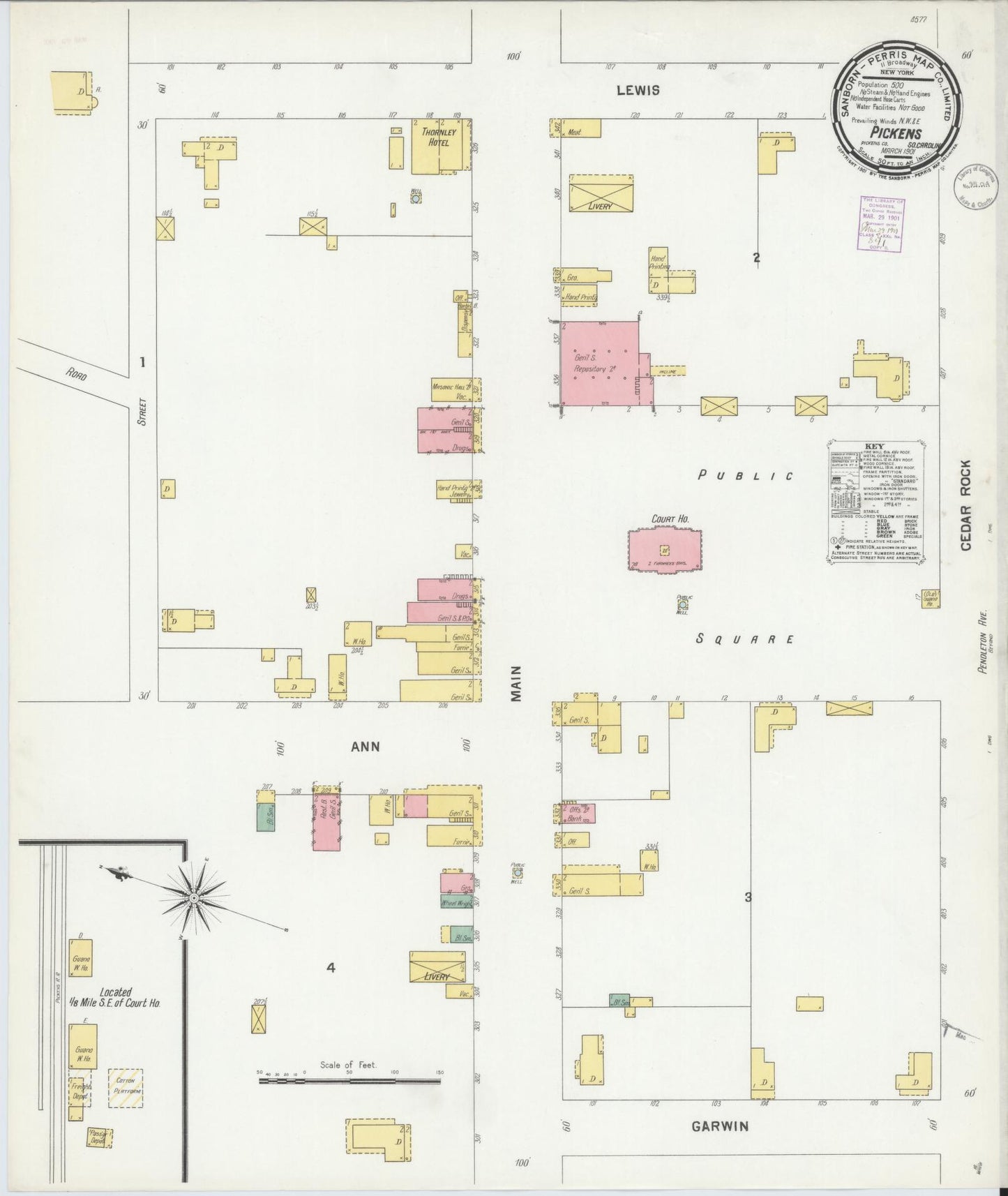 Sanborn Fire Insurance Map from Pickens, Pickens County, South Carolina (1901), Sheet #0001 - Historic Sanborn Fire Insurance Map Print, vintage old map wall art, antique decor, genealogy gift, South Carolina South Carolina map