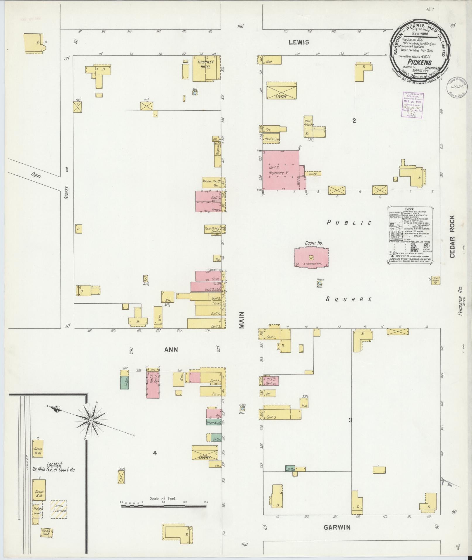 Sanborn Fire Insurance Map from Pickens, Pickens County, South Carolina (1901), Sheet #0001 - Historic Sanborn Fire Insurance Map Print, vintage old map wall art, antique decor, genealogy gift, South Carolina South Carolina map