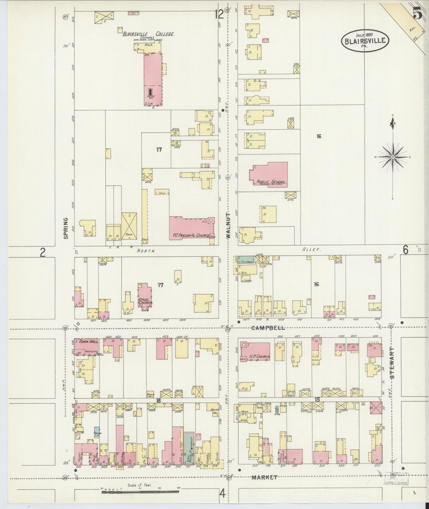 Sanborn Fire Insurance Map from Blairsville, Indiana County, Pennsylvania (1897), Sheet #0005 - Historic Sanborn Fire Insurance Map Print, vintage old map wall art, antique decor, genealogy gift, Pennsylvania Pennsylvania map