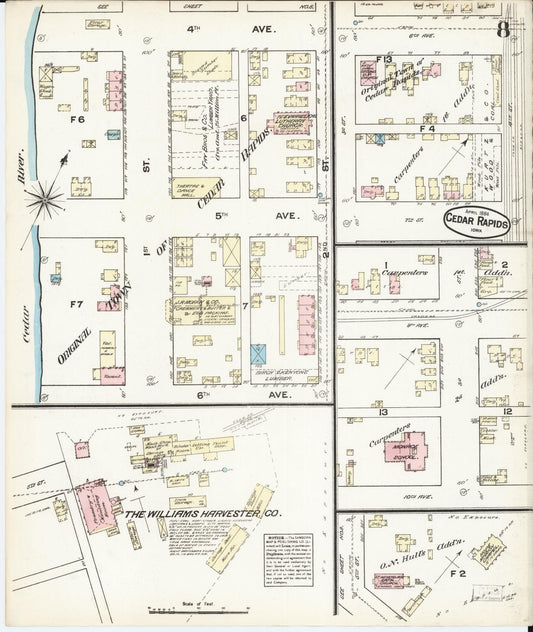 Sanborn Fire Insurance Map from Cedar Rapids, Linn County, Iowa (1884), Sheet #0008 - Historic Sanborn Fire Insurance Map Print, vintage old map wall art