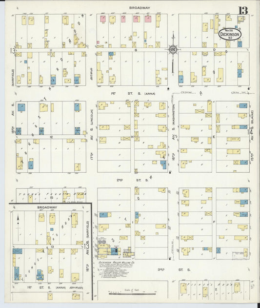 Sanborn Fire Insurance Map from Dickinson, Stark County, North Dakota (1913), Sheet #0013 - Historic Sanborn Fire Insurance Map Print, vintage old map wall art, antique decor, genealogy gift, North Dakota North Dakota map