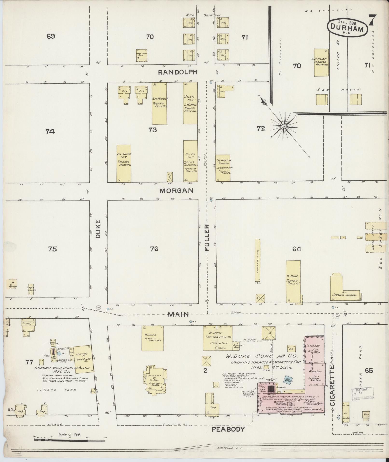 Sanborn Fire Insurance Map from Durham, Durham County, North Carolina (1888), Sheet #0007 - Historic Sanborn Fire Insurance Map Print, vintage old map wall art, antique decor, genealogy gift, North Carolina North Carolina map