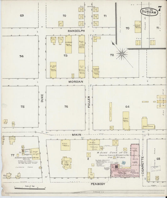 Sanborn Fire Insurance Map from Durham, Durham County, North Carolina (1888), Sheet #0007 - Historic Sanborn Fire Insurance Map Print, vintage old map wall art, antique decor, genealogy gift, North Carolina North Carolina map