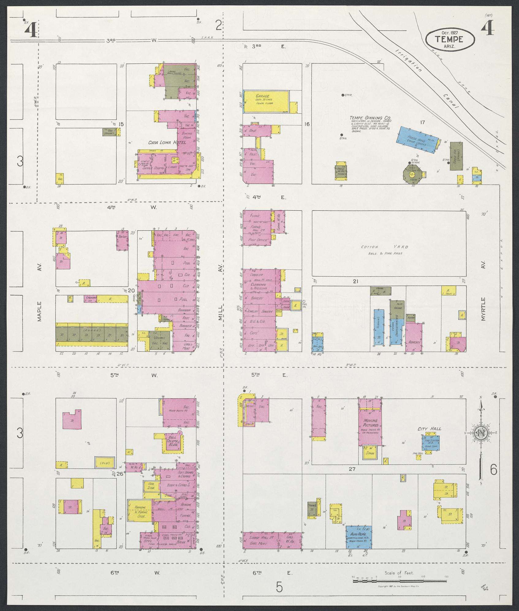 Sanborn Fire Insurance Map from Tempe, Maricopa County, Arizona (1927), Sheet #0004 - Historic Sanborn Fire Insurance Map Print, vintage old map wall art, antique decor, genealogy gift, Arizona Arizona map