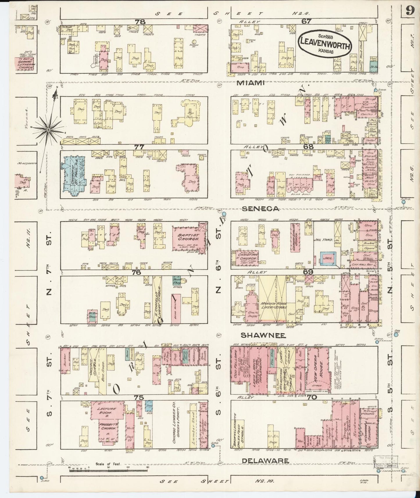 Sanborn Fire Insurance Map from Leavenworth, Leavenworth County, Kansas (1883), Sheet #0009 - Historic Sanborn Fire Insurance Map Print, vintage old map wall art, antique decor, genealogy gift, Kansas Kansas map